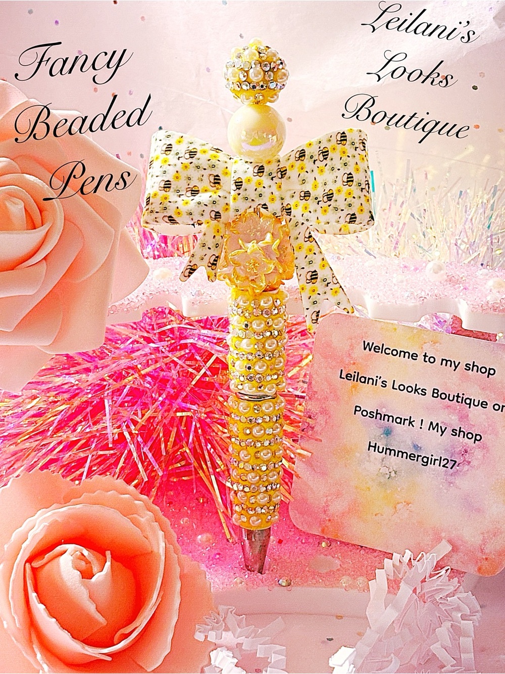 Yellow beaded pen with black & white polka dots and small black & bumble bees
